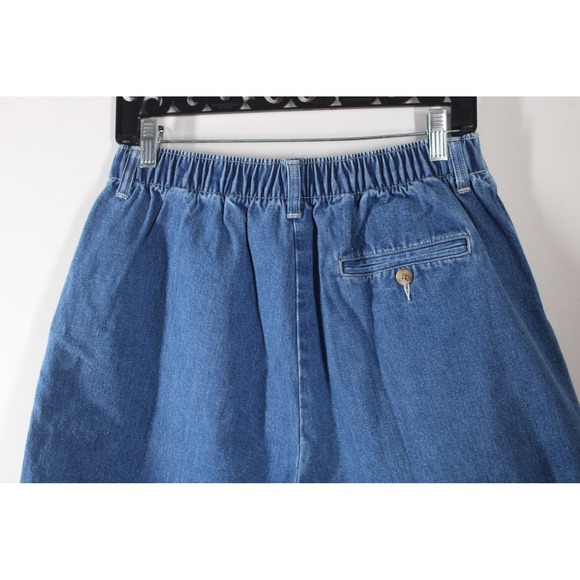 Vtg 90s Eddie Bauer 12 Blue Denim Shorts Pleated High Rise Elastic Waist Cuffed - Picture 4 of 7
